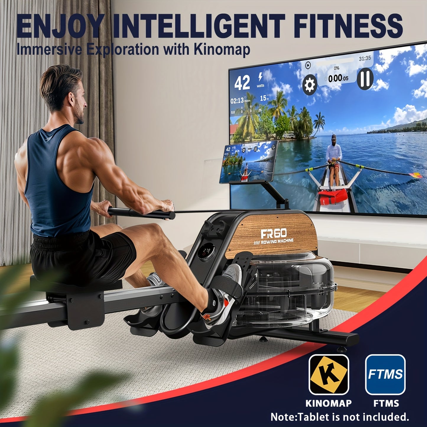 Water Roeimachine – Roeitrainer – Fitness Roeimachine – Home Gym Roeier – Indoor Rower – 28L Waterweerstand – LED Display Met Tablet Houder – Zwart