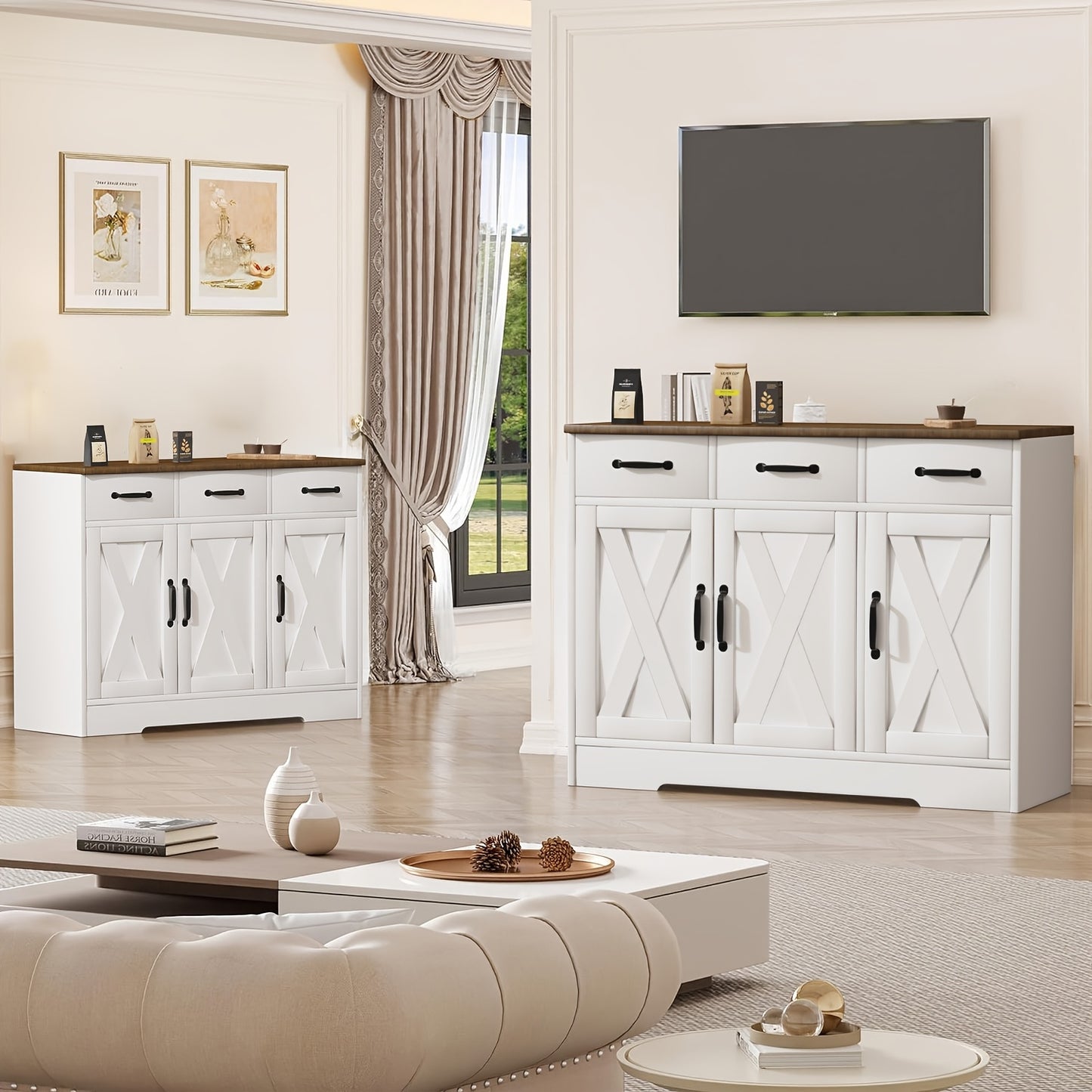 Dressoir – Sideboard – Opbergkast – Wandmeubel – Wit Zwart – 3 Laden en 3 Deuren – Verstelbare Planken – Anti-Kantelbeveiliging
