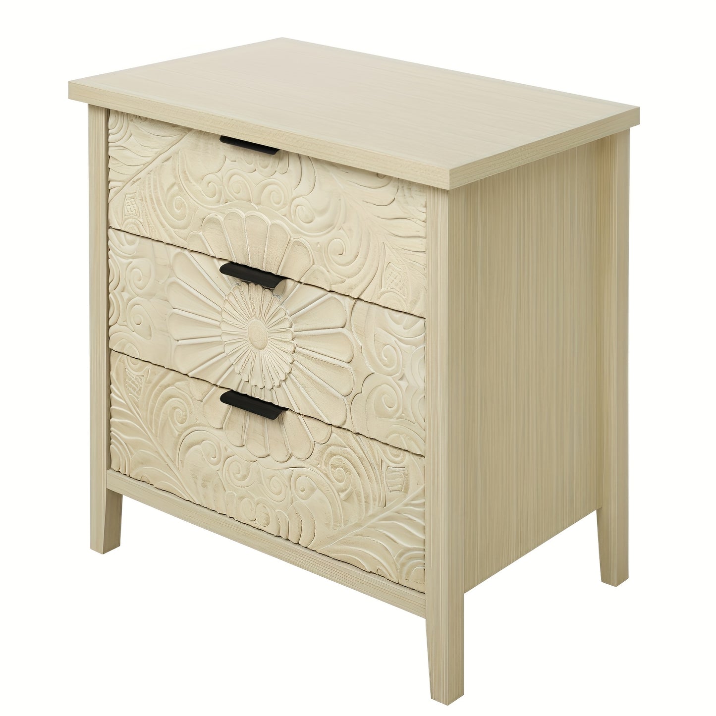 Nachtkastje – Bijzettafel – Wandkast – Ladekast – Slaapkamerkast – Massief Hout – 3 Lades Geperforeerd – 69 cm Hoog – 90 Liter Opbergruimte – Vrijstaand
