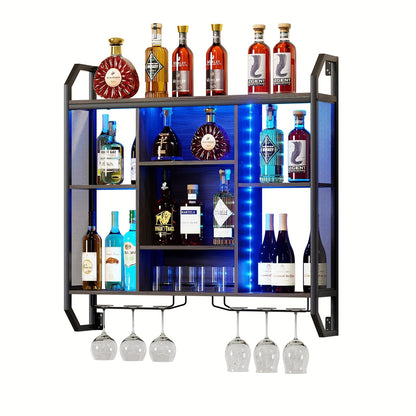 Wijnrek Wand – Wijnfleshouder – Glazenrek – Wandrek – Opbergrek – Zwart Metaal Hout – Verstelbare Legplanken – 2-in-1 Wijn- en Glazenhouder