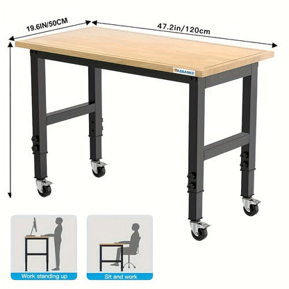 Adjustable Workbench 120cm, Wooden Workstation with Graduated Lines, 85-105cm Heights, 900kg Load Capacity, Heavy Duty Workbench with Wheels And Footrest