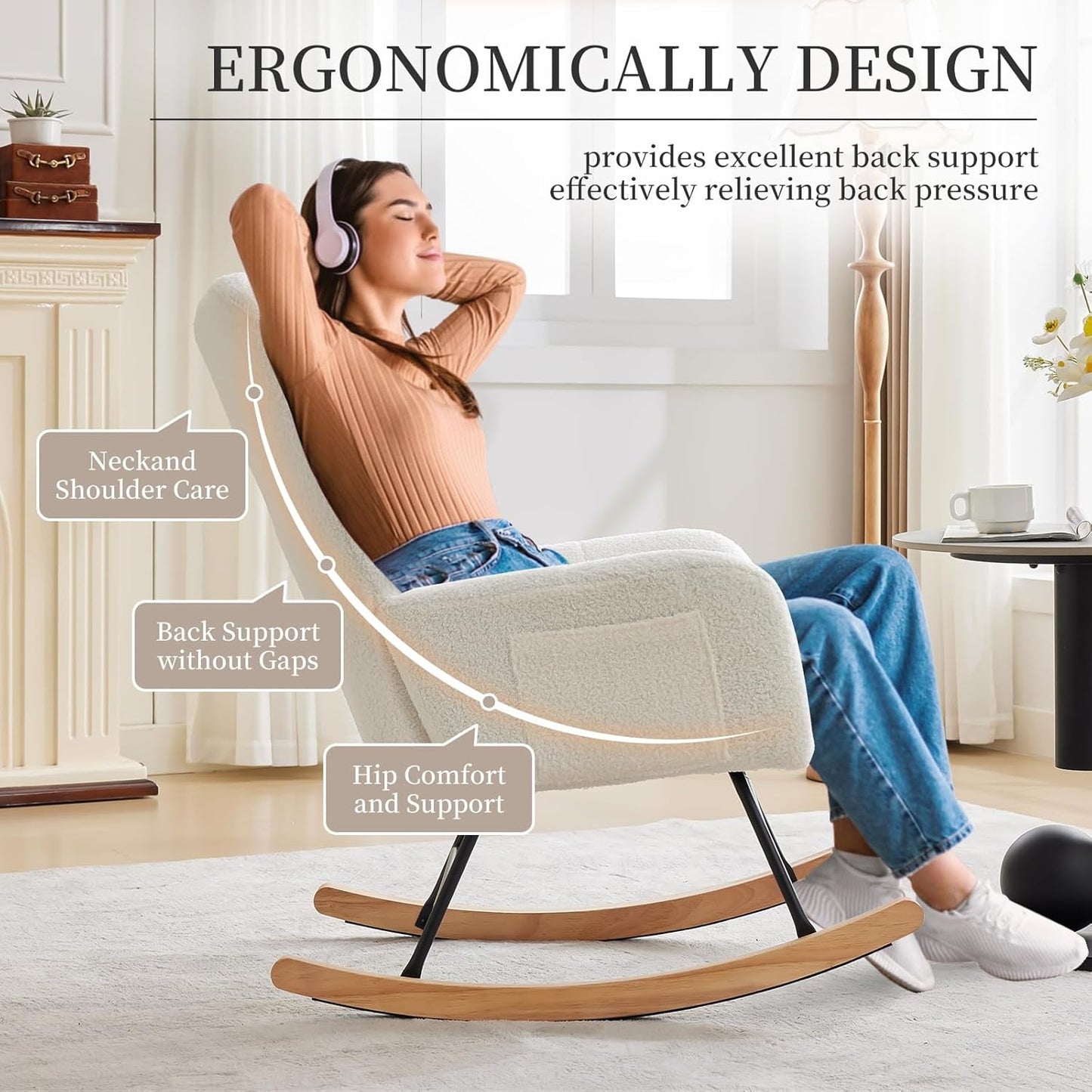 Schommelstoel – Schommelstoel Wonen – Schommelstoel Slaapkamer – Schommelstoel Met Hoge Rugleuning – Witte Schommelstoel – Stevig Metalen Frame – Comfortabele Hoge Rugleuning