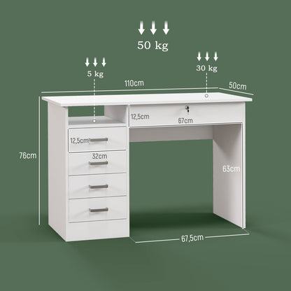 Computertafel – Computerbureau – Bureautafel – Laptoptafel – Werktafel – Wit – 110x50x76 cm – 5 Laden inclusief Afsluitbare Lade – Melamine Spaanplaat