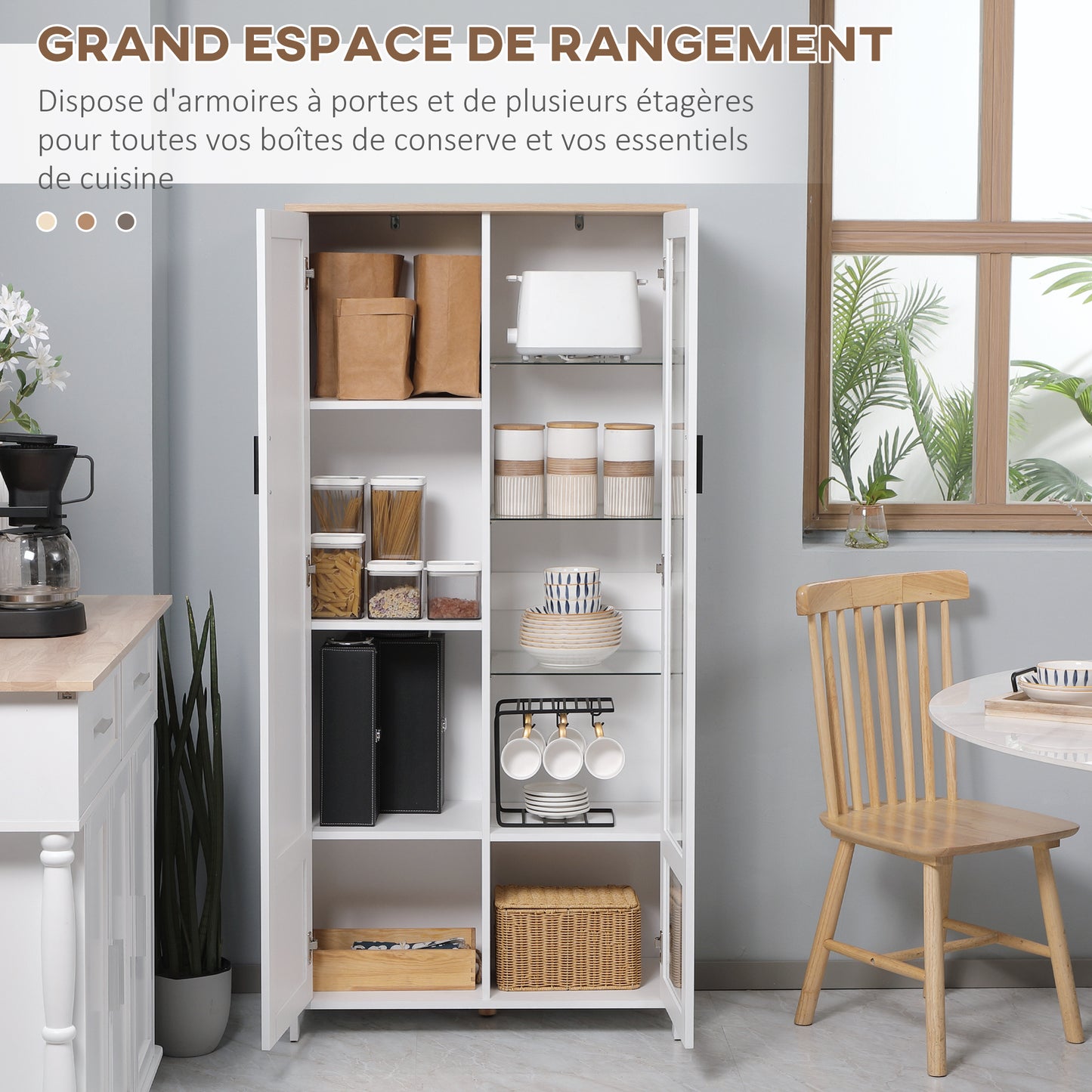 Buffetkast – Keukenkast – Dressoir – Opbergkast – Vitrinekast – 7 Planken Inclusief 3 Glazen Planken – Wit Met Houten Blad – 76x36x160 cm