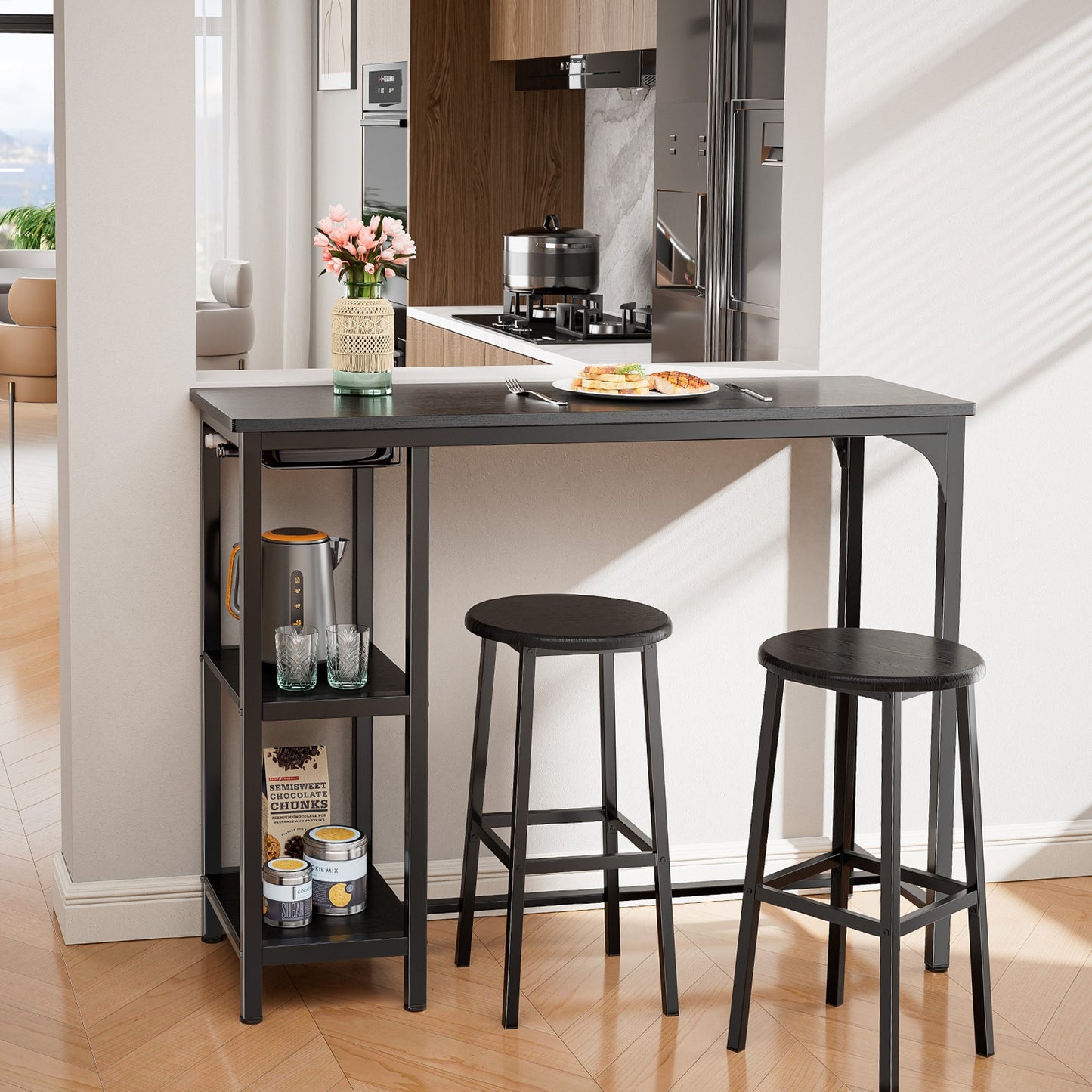 Barset – Barkrukken – Bartafel – Barmeubel – Bistroset – Industrieel Design – Houten Tafelblad – Zwart Gietijzeren Frame