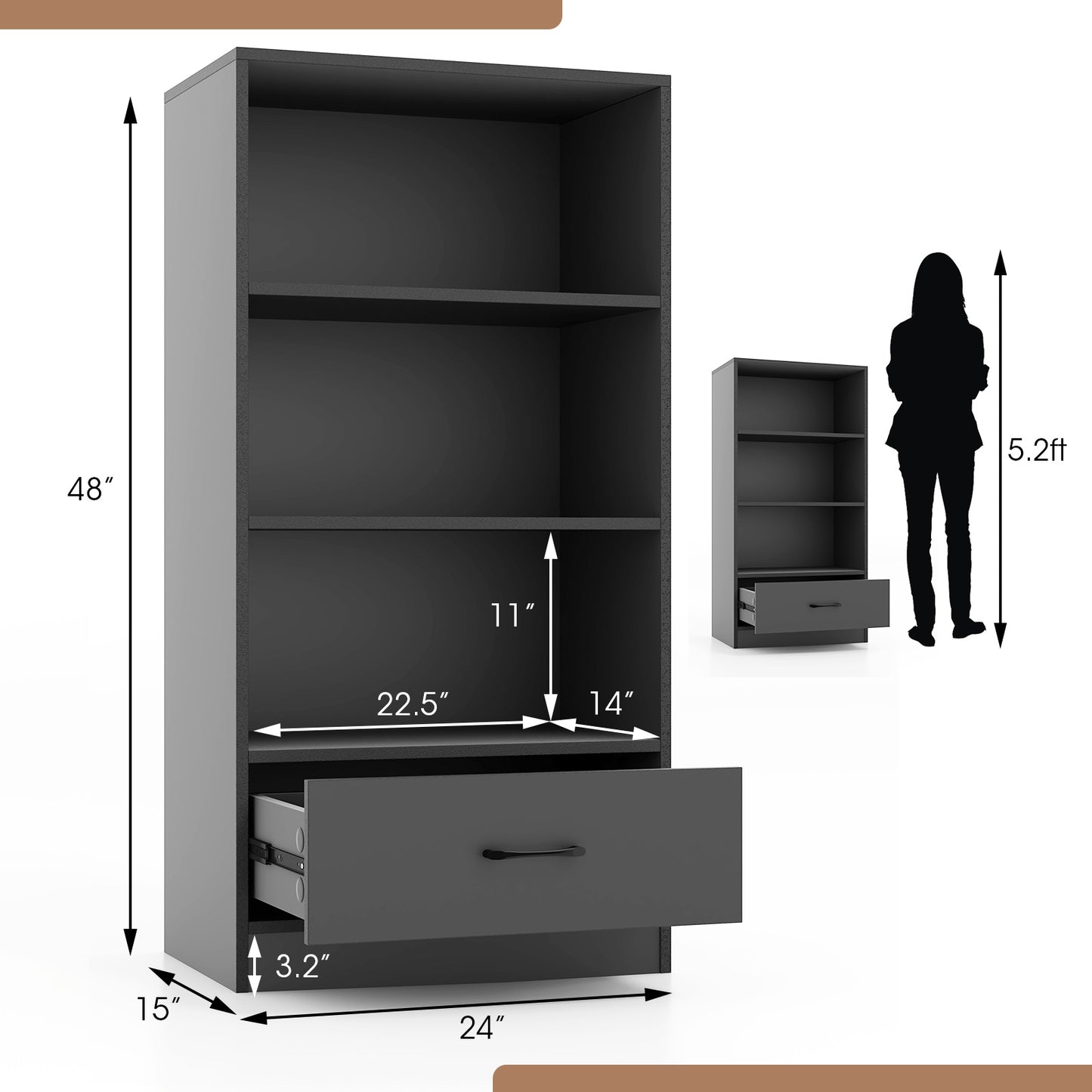 Four-Tier Bookcase with Drawer, Freestanding Display Bookshelf with three Open Shelves Drawer