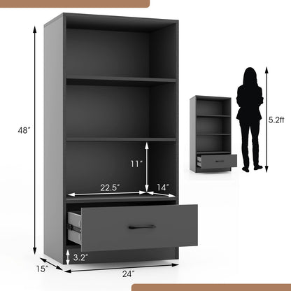 Four-Tier Bookcase with Drawer, Freestanding Display Bookshelf with three Open Shelves Drawer