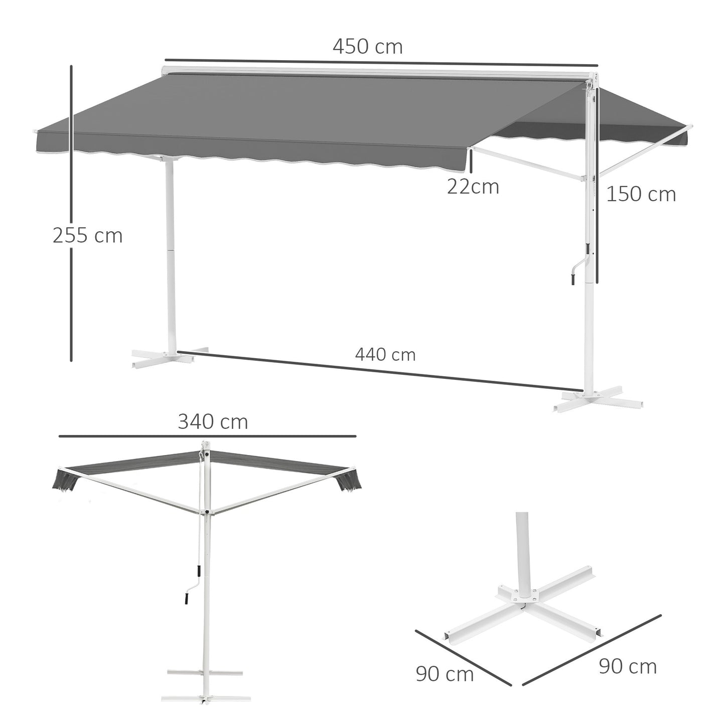 Staande Zonwering – Terraszonwering – Tuinzonwering – Uitschuifbare Zonwering – Aluminium Zonnescherm – Grijs – Weerbestendig Aluminium Frame – Verstelbare Inklapbare Armen