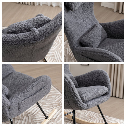 Schommelstoel – Relaxstoel – Fauteuil – Voedingsstoel – Loungestoel – Ergonomisch Design – Memory Foam Zitting – Hoge Rugleuning – Teddy Stof – Massief Houten Frame – Handmatig Schommelmechanisme – Grijs