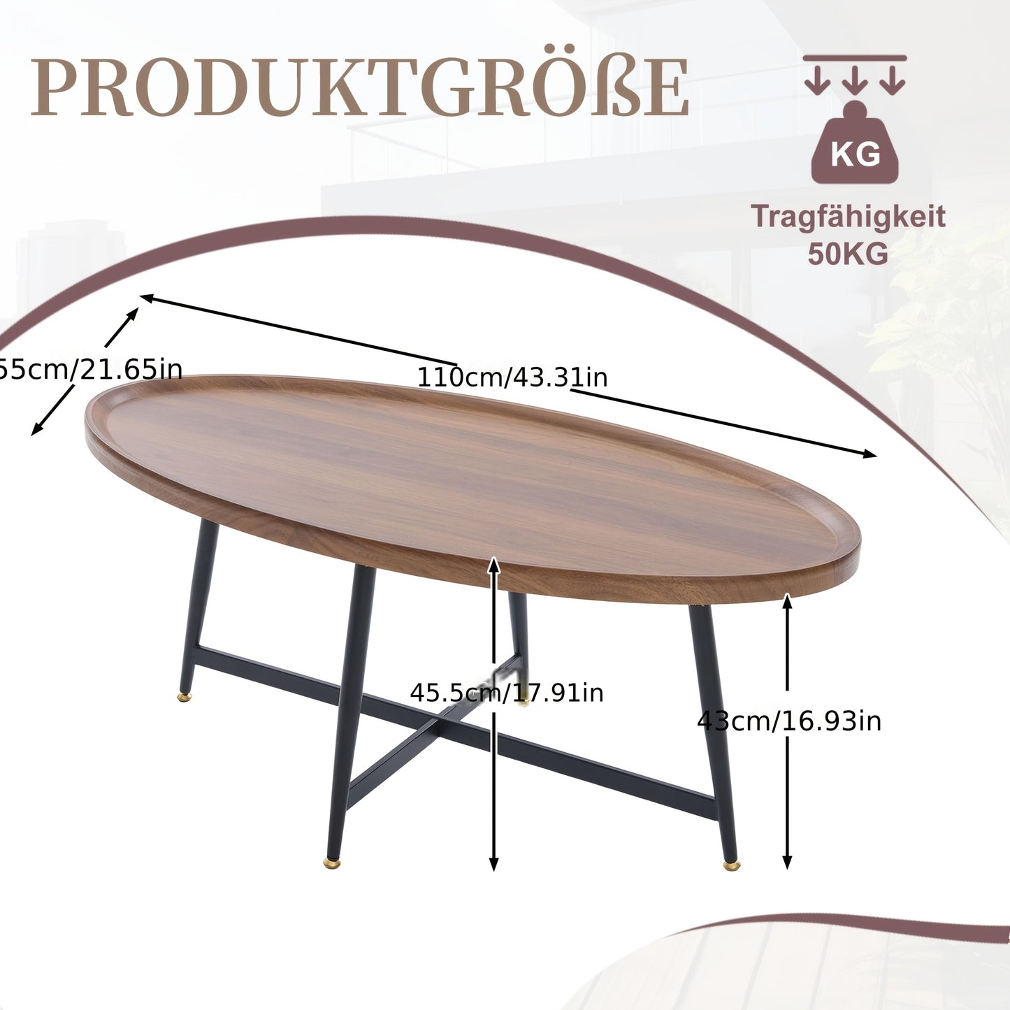 Salontafel Ovalen – Koffietafel – Bijzettafel – Tafel – Woonkamertafel – Bruin – Scandinavisch Design – Stevig Metalen Frame
