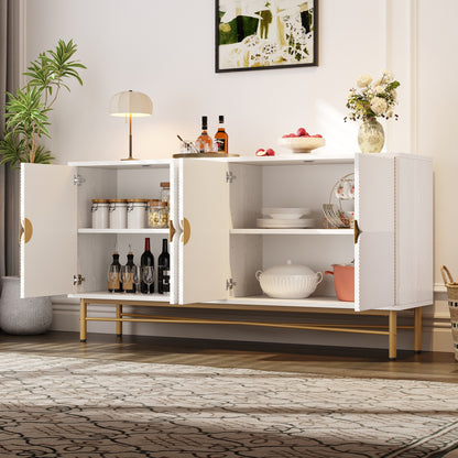Sideboard with Raised Texture 160cm, Cabinet with Four Doors and Golden Brushed Handles & High-Gloss Table Legs, White, 160×40×82cm, Entryway Cabinet, Bedroom Sideboard, Elegant Handles, Sleek Cabinet, Stylish Hardware, Dur