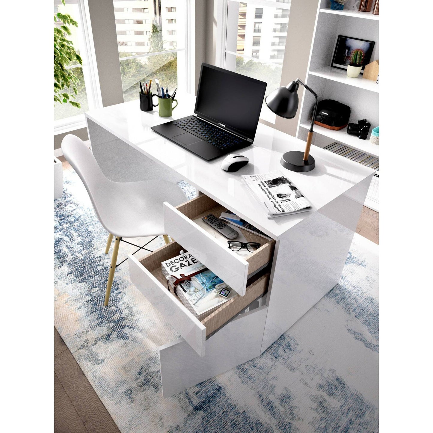 Ardina Desk, Multi-Purpose Office Or Bedroom Desk, Linear Study Table with 2 Drawers And 1 Door, 139X60H75 Cm, Glossy White