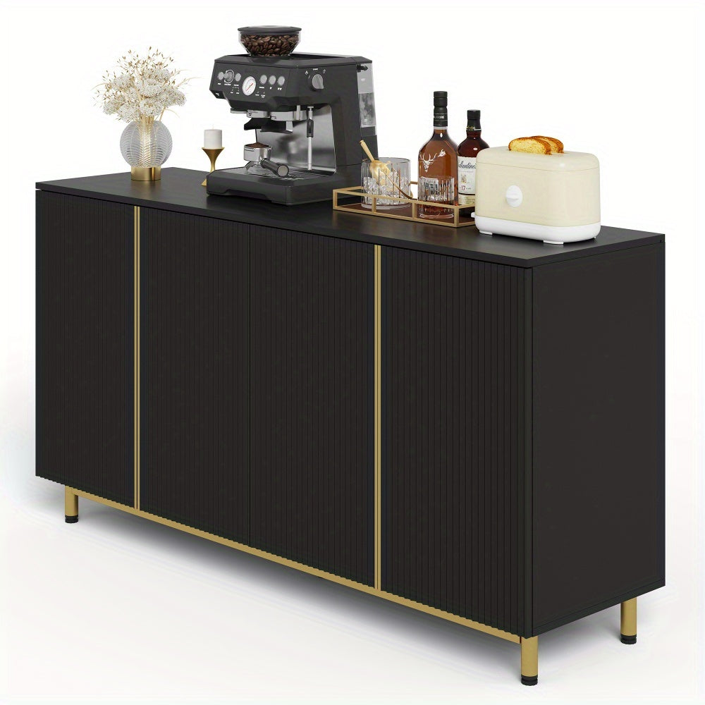 Dressoir – Sideboard – Opbergkast – Buffetkast – Kast – Modern Design – 150 cm – Golvende Ribbeldeuren – Verstelbare Metalen Poten – Zwart