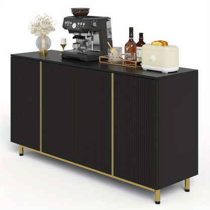 Dressoir – Sideboard – Opbergkast – Buffetkast – Kast – Modern Design – 150 cm – Golvende Ribbeldeuren – Verstelbare Metalen Poten – Zwart