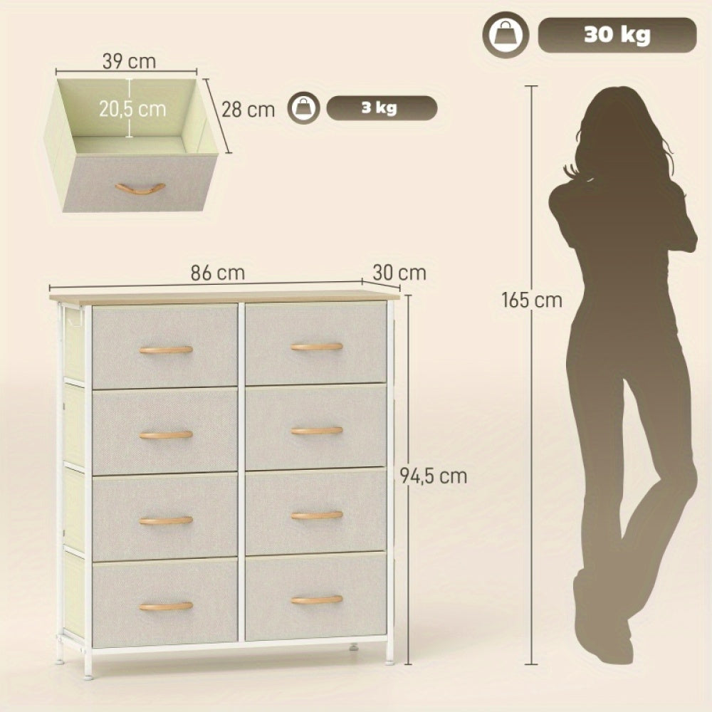 Ladekast – Ladekasten – Opbergkast – Kast – Ladenkast – 8 Stoffen Lades – Stalen Frame – Smal Verticaal Ontwerp – Antikantel Veilig – Inclusief 4 Opbergvakken en 2 Haakjes – Zwart-Wit Design – 68,5 cm Hoog – Duurzaam en Modern