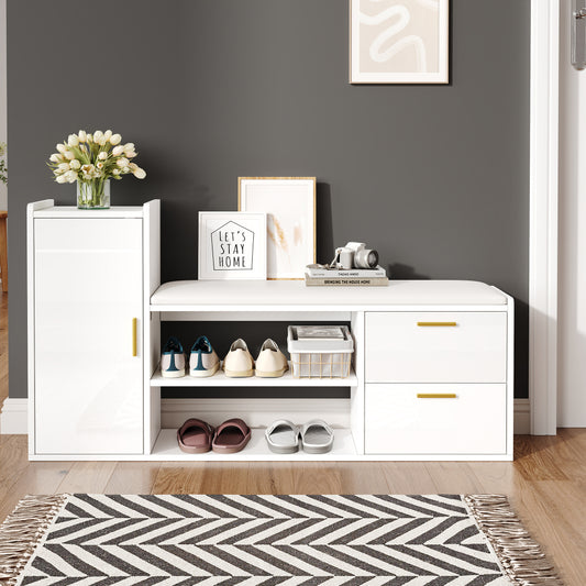 Modern White High-Gloss All-in-One Shoe Cabinet with Bench, Shoe Rack, 2 Drawers & Cupboard - Soft-Padded, -Standing Entryway Storage Furniture Suitable for, Hallway, Office - Space-Saving Organization, Easy Assembly