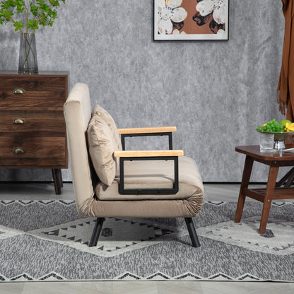 Slaapstoel – Slaapzetel – Logeerstoel – Bedstoel – Campingstoel – Met Houten Armleuningen – Stevig Metalen Frame – Max 120 kg – Lichtbruin – Compact 102x73x81 cm