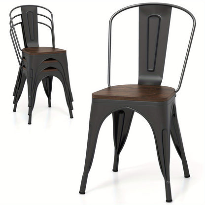 Eetkamerstoelen – Keukenstoelen – Stapelbare Stoelen – Metalen Stoelen – Houten Zitvlak – Set Van 4 – Afneembare Rugleuning – Ruimtebesparend Design – Bruin