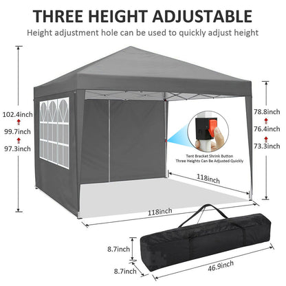 3x3m Pop-Up Canopy Tent with 4 Removable Side Walls Portable Commercial Instant Shelter Includes Carry Bag, Ropes, and Pegs Party Tent Ideal for Gardens, Festivals, Camping BBQs, Backyards, Weddings, Parties, and Outdoor Mark