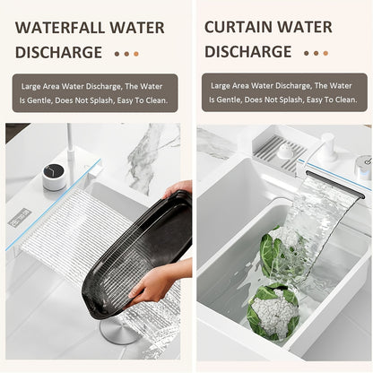 Keukenspoelbak – Spoelbak – Gootsteen – Enkele Wasbak – Keukenkom – RVS Met Witte Gebosselde Afwerking – Drukspoeling Met Twee Watervallen – 74,9 x 46 cm