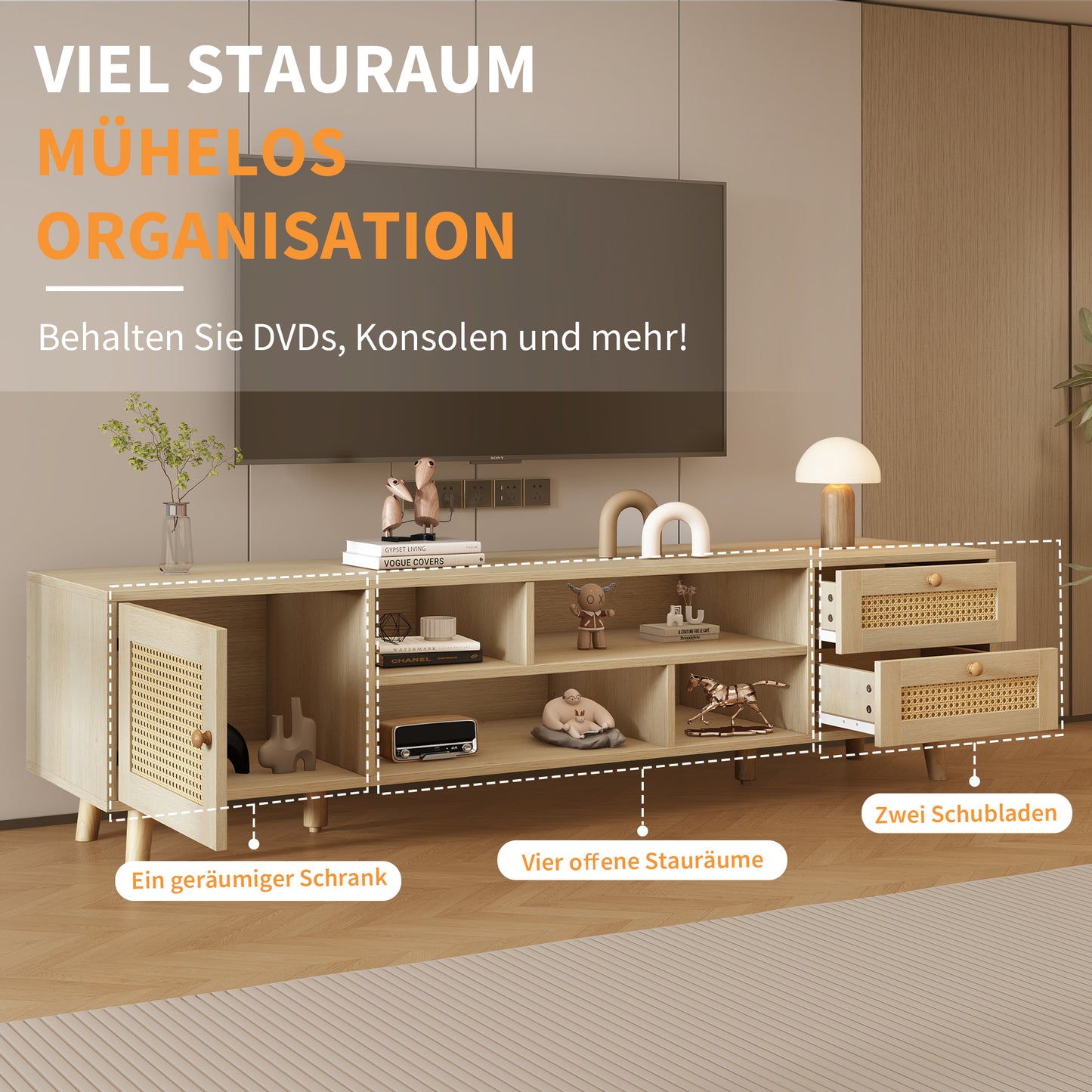 TV Lowboard – TV Meubel – TV Kast – TV Dressoir – TV Cabinet – Houtlook & Rattan – Geschikt Voor 70 Inch – Verstelbare Poten & Kabelbeheer