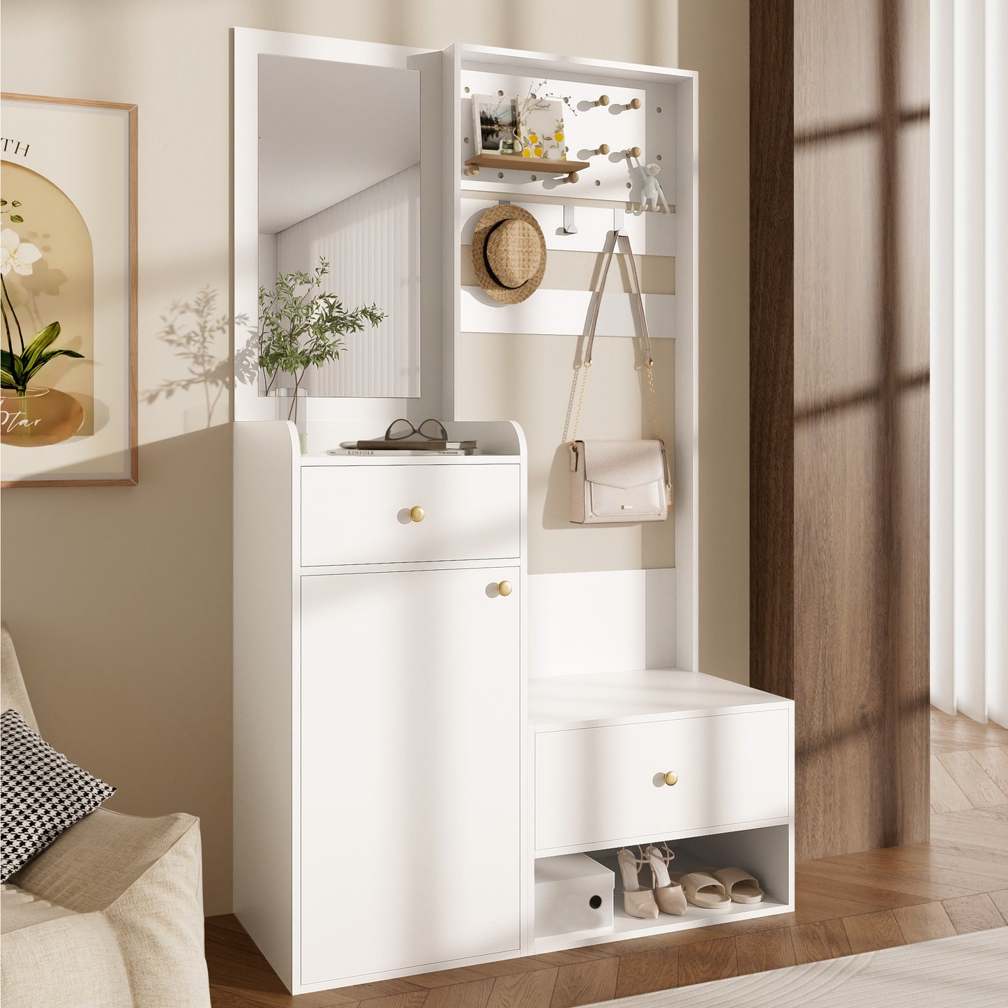 Compact Halmeubel – Hal Kast – Entree Meubel – Schoenenrek – Kapstok – Met Spiegel & Verstelbare Haken – Modern Houtlook 105x38x180 cm