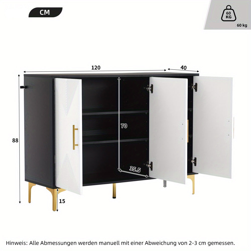 Dressoir – Opbergkast – Ladekast – Buffetkast – Sideboard – Mat Wit Gestreept – Gouden Handgrepen – Hardhout & Spaanplaat – Ruime Opbergruimte – Bohemian Design
