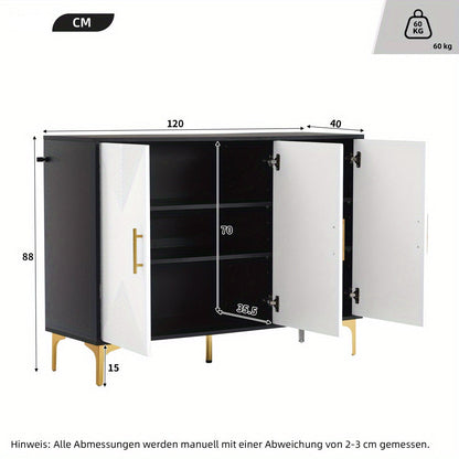 Dressoir – Opbergkast – Ladekast – Buffetkast – Sideboard – Mat Wit Gestreept – Gouden Handgrepen – Hardhout & Spaanplaat – Ruime Opbergruimte – Bohemian Design