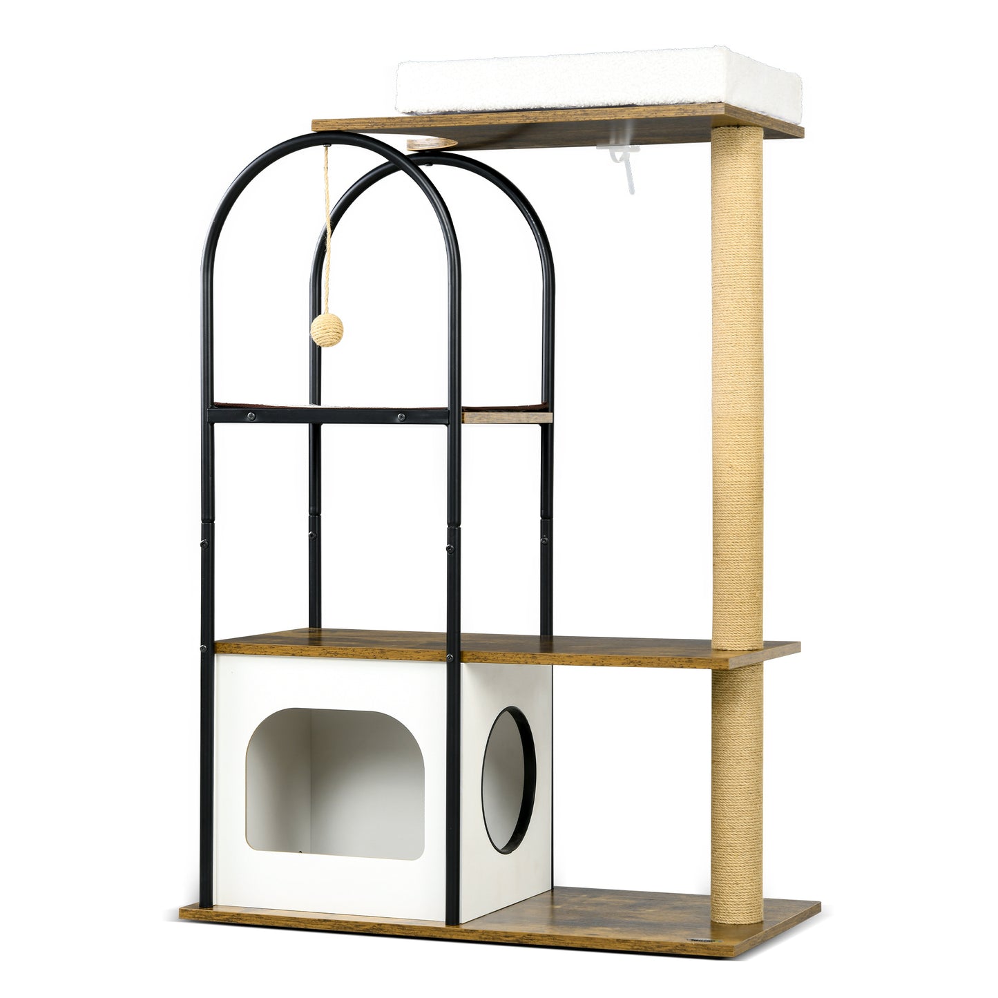 Krabpaal – Kattenboom – Krabmeubel – Kattenhuis – Kattentoren – 4 Verdiepingen – Speelbal – Valbeveiliging – 80x40x118,5 cm – Bruin/Wit