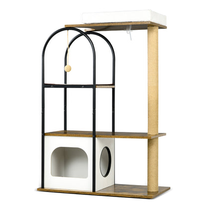 Krabpaal – Kattenboom – Krabmeubel – Kattenhuis – Kattentoren – 4 Verdiepingen – Speelbal – Valbeveiliging – 80x40x118,5 cm – Bruin/Wit