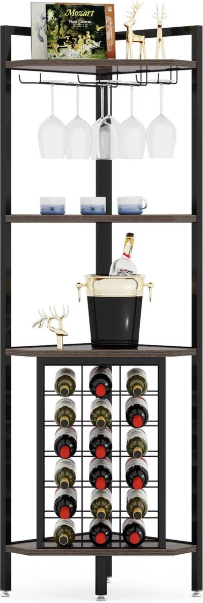 Wine cabinet - Wine rack - Beverage cabinet - Corner cabinet - Cupboard - With glass rack - Industrial - Wood and metal - Brown/Black