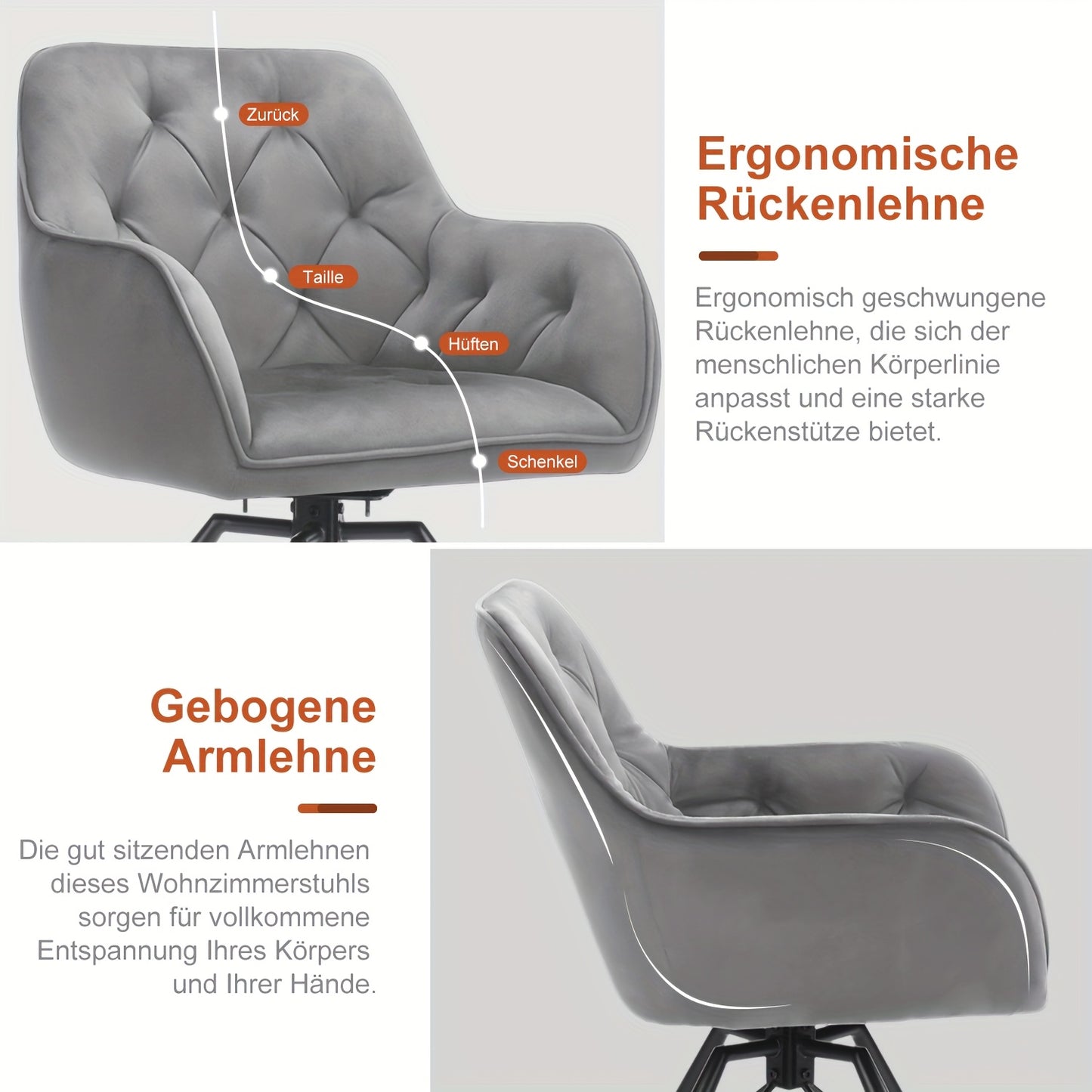 Draaibare Eetkamerstoelen – Eetkamerstoelen Set – Bureaustoelen Zonder Wielen – Comfortabele Stoelen – Stoelen Met Armleuningen – 360° Draaibaar – Fluwelen Bekleding – Metalen Poten – Grijs – Set Van 2