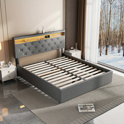 Boxspringbed – Boxspring – Bed – Bedframe – Boxspringbed Met Opbergruimte – 140x200 cm – Stof Linnen – Hydraulische Opbergruimte – LED Hoofdbord