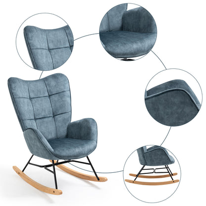 Schommelstoel – Relaxstoel – Fauteuil – Loungestoel – Stoel – Scandinavisch Design – Met Metalen Frame en Beukenhouten Poten – Hoog Rugleuning – Comfortabele Stoffen Bekleding – Blauw – 67x84x97 cm