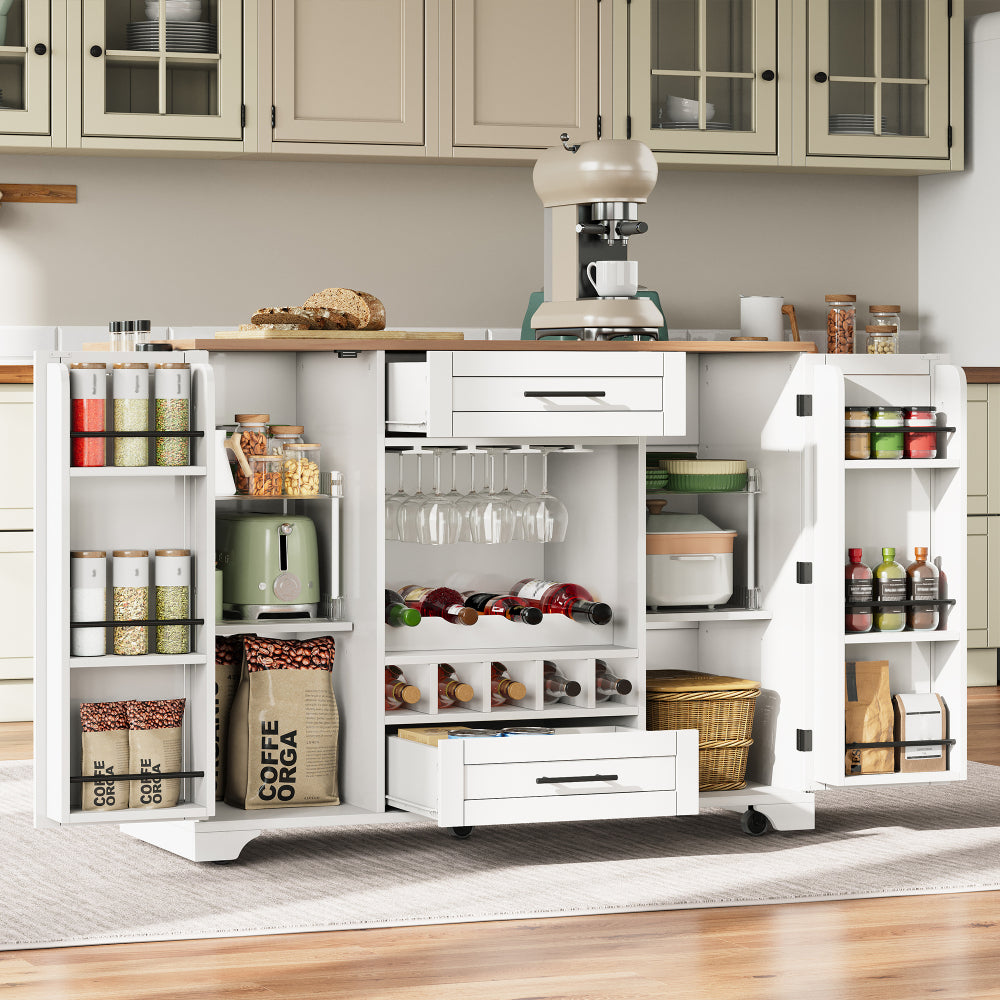 Keukentrolley – Keukenwagen – Serveerwagen – Opbergtrolley – Keukenmeubel – Vouwbaar Werkblad – Wieltjes – Wijnrek & Glazenhouder – 120x45/70x92 cm – Eigentijds Design