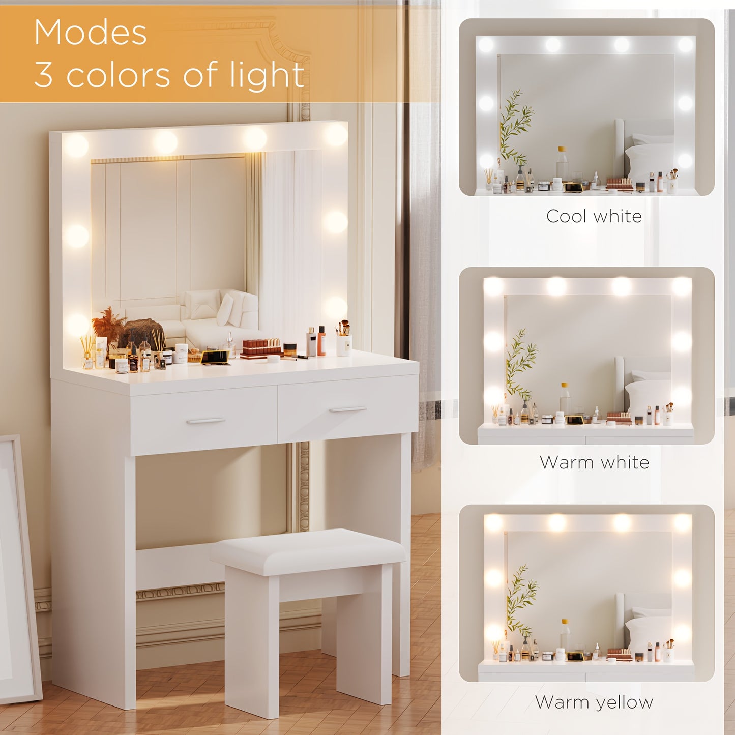 Kaptafel – Make-up Tafel – Opmaaktafel – Dresser – Cosmeticatafel – Wit – LED-Verlichting Verstelbaar – 2 Laden Opbergruimte