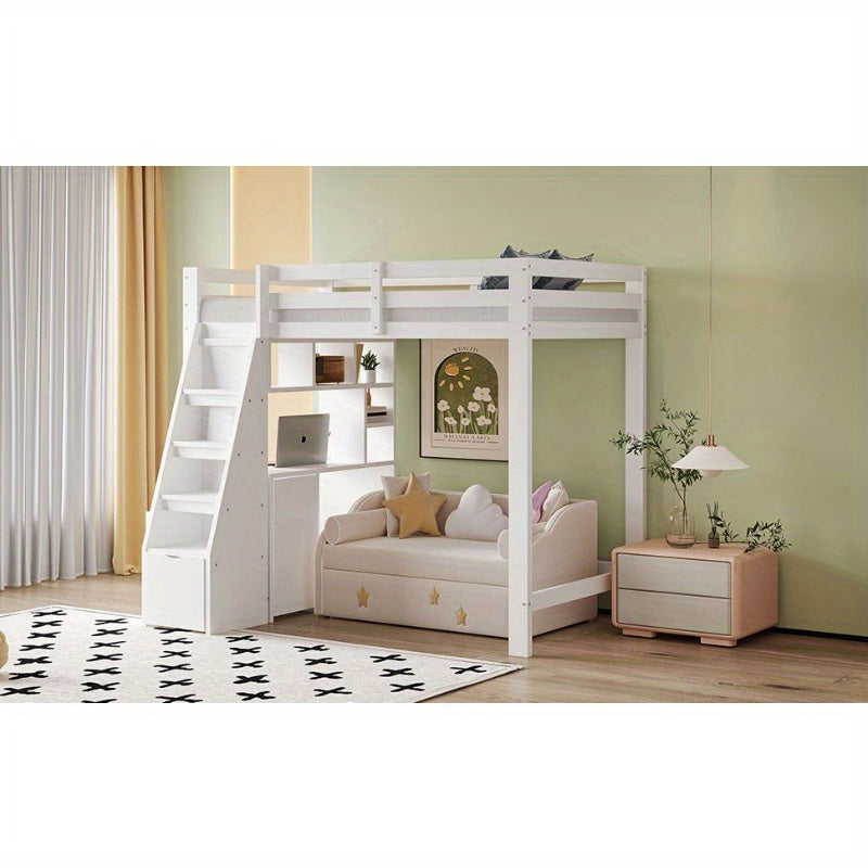 Hoogslaper – Stapelbed – Bedbank – Kinderbed – Eenpersoonsbed – Met Bureau en Opbergruimte – Stevig Wit Frame – 200 cm Hoog