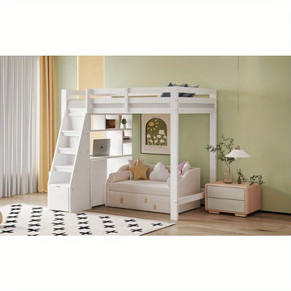 Hoogslaper – Stapelbed – Bedbank – Kinderbed – Eenpersoonsbed – Met Bureau en Opbergruimte – Stevig Wit Frame – 200 cm Hoog
