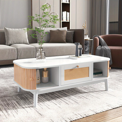 Salontafel – Koffietafel – Tafelblad – Woonkamertafel – Houten Tafel – Massief Hout Met Rattan – Schuifdeuren En Lades – 110x55x38,5 cm – Wit Met Houtkleur