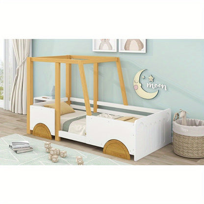 Auto Bed – Kinderbed – Speelbed – Peuterbed – Juniorbed – MDF Wielen – Pin Frame Wit Natuurkleur – Afmeting 90x200 cm