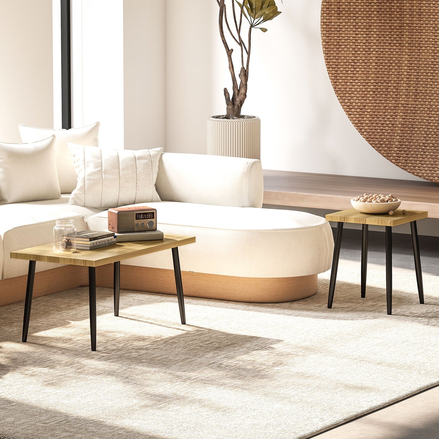 Koffietafelset – Salontafel – Bijzettafel – Woonkamertafel – Sofa Tafel – 2-delig – Metalen Frame & Natuurlijk Houten Blad