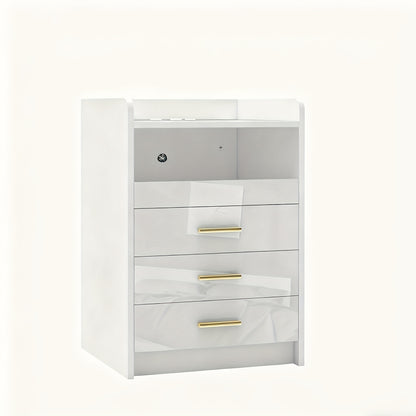 Witte Moderne Nachtkast – Zwaar Belastbaar, 3 Lades en Open Plank – Compacte, Smalle Kast voor Kleine Ruimtes met Gouden Knoppen, Houten Look Bovenblad, Eenvoudige Montage