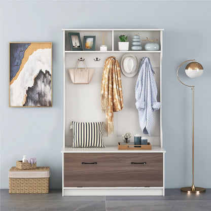 Kledingrek – Kapstok – Garderoberek – Schoenenkast – Gangmeubel – Met Zitbank – 5 Dubbele Haken – Wit Houten Meubel