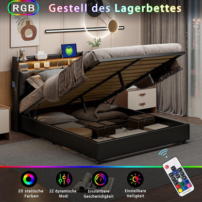 Bedbank – Slaapbank – Tweepersoonsbed – Slaapsofa – 160 x 200 cm – Gestoffeerd Polyurethaan – Hydraulische Opbergruimte Met USB-Laadpoort En LED-Verlichting