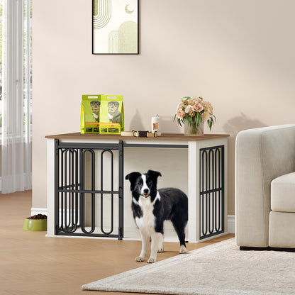 Wooden Dog Cage Furniture, 100cm Household Pet Crate, Double-Door Design with Sliding Door for Small to Medium-Sized Breeds, Includes Sturdy Side Table - 60 × 100× 62.4cm in White and Brown, Extra Large Dog Crate Furniture, - QUORE