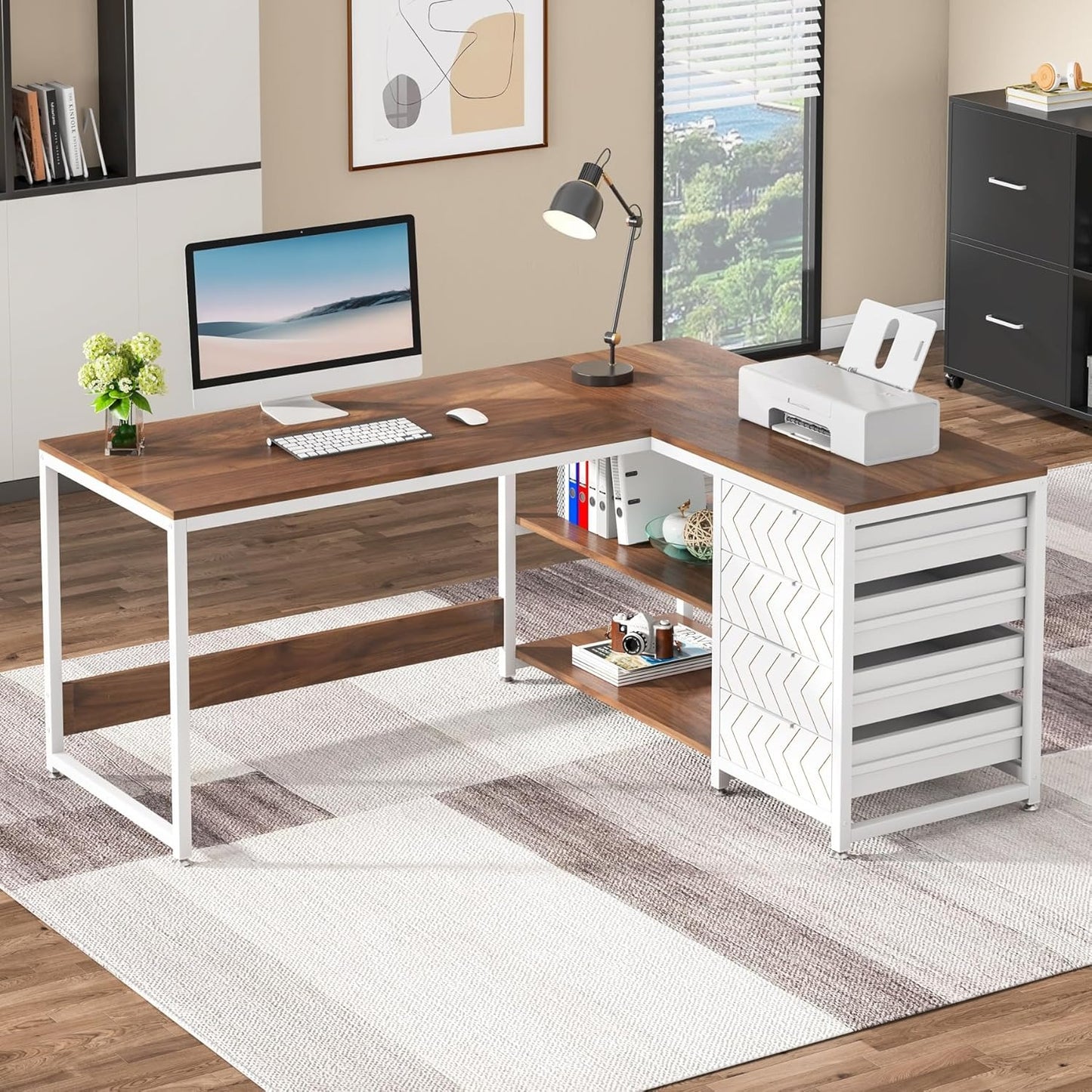 L-vormig Bureau – Hoekbureau – Computertafel – Werkplek Meubel – Bureau Met Laden – 150x110x75 cm – Notenhout & Wit – 4 Laden en 2 Planken – Omkeerbaar en Stevig
