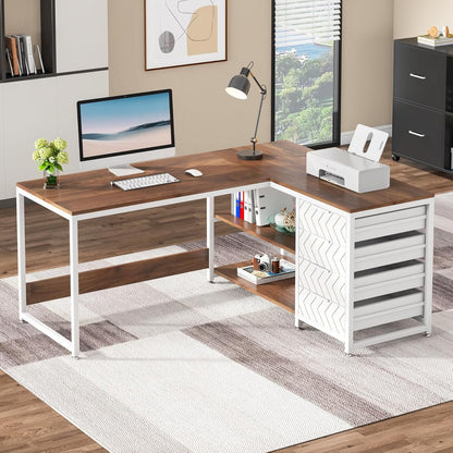 L-vormig Bureau – Hoekbureau – Computertafel – Werkplek Meubel – Bureau Met Laden – 150x110x75 cm – Notenhout & Wit – 4 Laden en 2 Planken – Omkeerbaar en Stevig