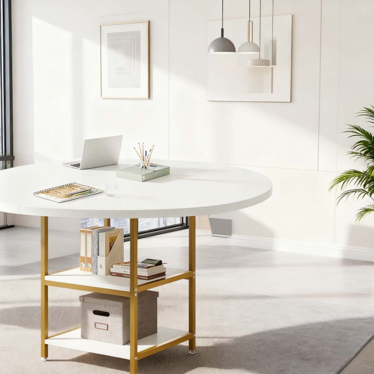 Ronde Vergadertafel – Conferentietafel – Meetingtafel – Bureaustafel – Kantoor­tafel – Wit & Goud Design – 47 Inch Rond – 2-Lagen Opbergrekken – Verstelbare Voetjes