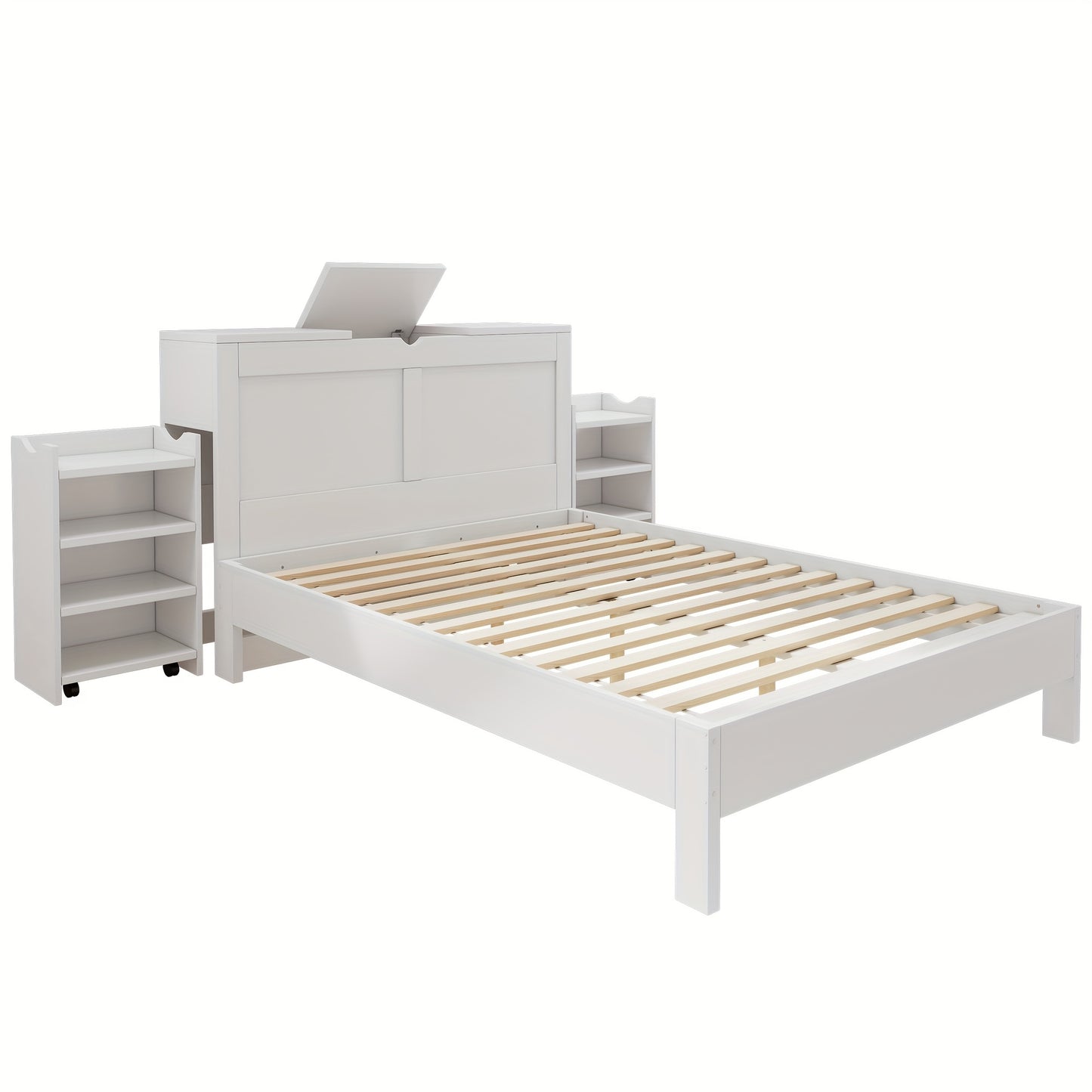Bedframe – Tweepersoonsbed – Slaapbank – Kinderbed – Meubel – Wit – Bamboe Materiaal – Hoofdeinde Met Opbergruimte