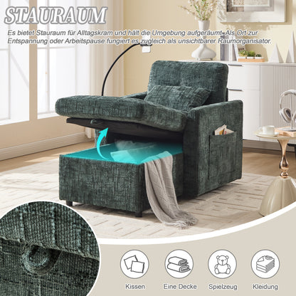 Loungestoel – Relaxstoel – Fauteuil – Leunstoel – Chenille Stoel – Inklapbaar & Ruimtebesparend – Zachte Chenille Bekleding & Telefoonhouder Met Opbergruimte
